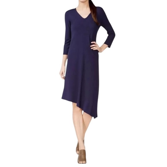 Eileen Fisher Minimalist Dress Med Navy Lagenlook V Neck Asymmetrical - Picture 11 of 11